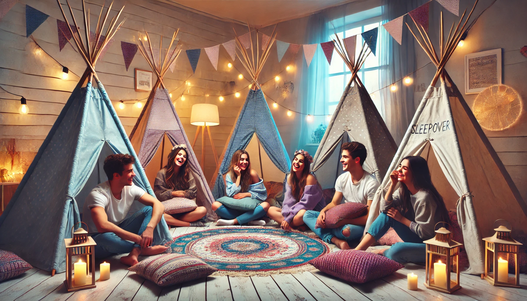 Montaje de fiesta de pijamas con tipis e iluminación suave